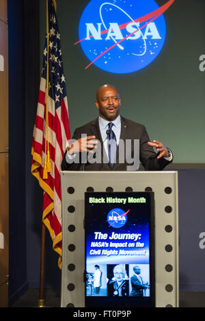 NASA former Associate Administrator for Education and former astronaut Leland Melvin speaks at NASA's Black History Month program on Wednesday, February 24, 2016 at NASA Headquarters in Washington, DC. During the program, Dr. George Carruthers and Dr. Katherine Johnson were honored for their contributions to NASA. Photo Credit: (NASA/Aubrey Gemignani) Stock Photo