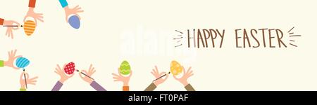 Hand Group Hold Brush Painting Egg Happy Easter Holiday Banner Greeting Card Stock Vector