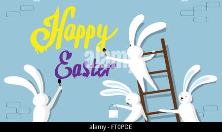Rabbit Group Standing On Step Ladder Hold Brush Paint Happy Easter Wall Holiday Banner Stock Vector