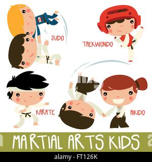 asian martial arts kids. children fighting. judo boys, taekwondo character, karate kid and aikido girl fighting boy. Stock Vector