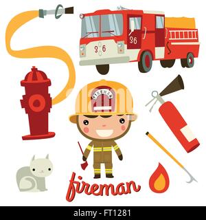 cute fireman kid. firefighter profession. Stock Vector