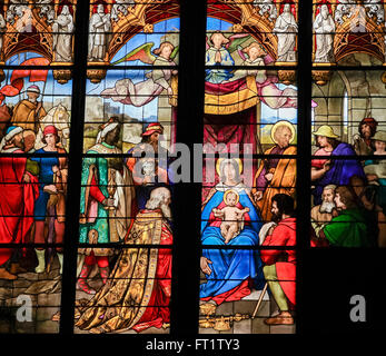 Epiphany - Adoration of the Magi - Stained Glass in Dom of Cologne, Germany Stock Photo