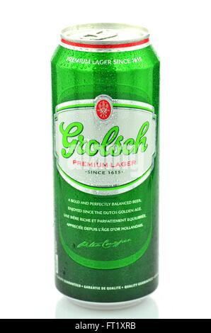 Grolsch premium lager beer isolated on white background. Stock Photo