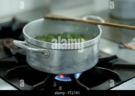 Vegetables being cooked in a metal pan on a stove Stock Photo