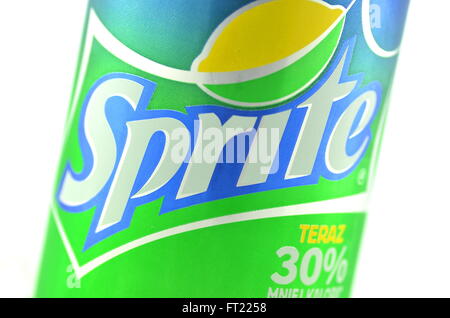 Sprite drink in a can on ice isolated on white background Stock Photo