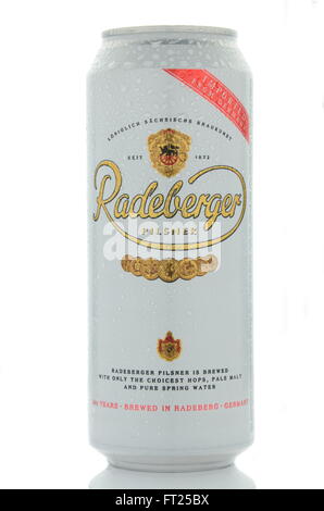 Radeberger pilsner beer isolated on white background. Radeberger has been brewed since 1872 in Germany. Stock Photo