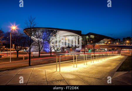 MUNICH, GERMANY - MARCH 8, 2016: BMW World (BMW Welt) in Munich at night, a multi-functional customer experience and exhibition Stock Photo
