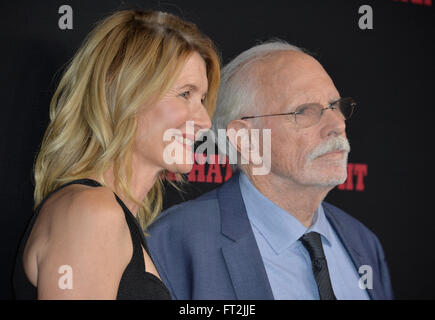 LOS ANGELES, CA - DECEMBER 7, 2015: Actor Bruce Dern & actress daughter Laura Dern at the world premiere of Quentin Tarantino's 'The Hateful Eight' at the Cinerama Dome, Hollywood Stock Photo