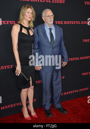 LOS ANGELES, CA - DECEMBER 7, 2015: Actor Bruce Dern & actress daughter Laura Dern at the world premiere of Quentin Tarantino's 'The Hateful Eight' at the Cinerama Dome, Hollywood Stock Photo