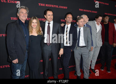 LOS ANGELES, CA - DECEMBER 7, 2015: Hateful Eight stars Kurt Russell (left), Jennifer Jason Leigh, Demian Bishir, Walton Goggins, Tim Roth & Michael Madsen at the world premiere of Quentin Tarantino's 'The Hateful Eight' at the Cinerama Dome, Hollywood Stock Photo