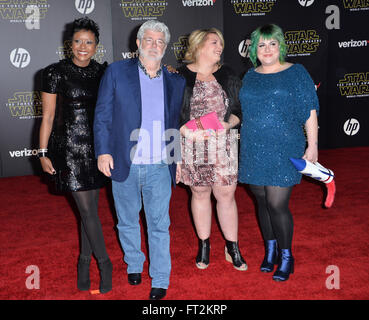 LOS ANGELES, CA - DECEMBER 14, 2015: Filmmaker George Lucas & wife Mellody Hobson & daughters Amanda Lucas & Katie Lucas at the world premiere of 'Star Wars: The Force Awakens' on Hollywood Boulevard Stock Photo