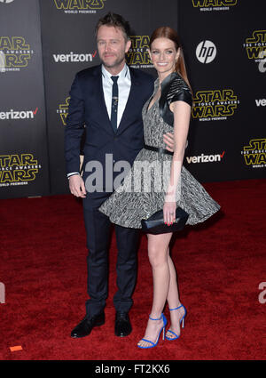 LOS ANGELES, CA - DECEMBER 14, 2015: Actor Chris Hardwick & model Lydia Hearst at the world premiere of 'Star Wars: The Force Awakens' on Hollywood Boulevard Stock Photo