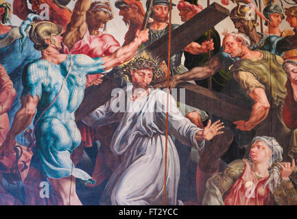 Jesus carrying the Cross on the Via Dolorosa - Painting in Linkoping Church, Sweden. Stock Photo