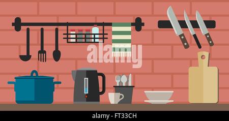 Cooking utensils on kitchen table. Stock Vector