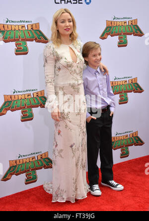 LOS ANGELES, CA - JANUARY 16, 2016: Actress Kate Hudson & son Ryder Robinson at the world premiere of Kung Fu Panda 3 at the TCL Chinese Theatre, Hollywood. Stock Photo