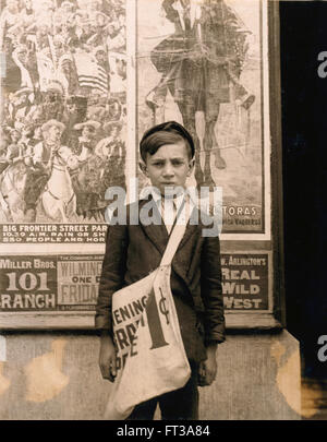 Portrait 12-year-old Newsboy Works Candy Store in Addition to Selling Newspapers Works 7 Days-a-Week Wilmington Delaware USA circa 1910 Stock Photo