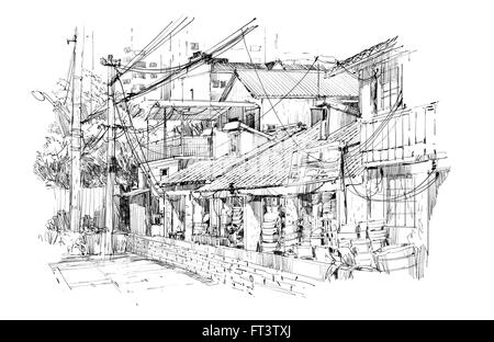 freehand sketch of old buildings in China Stock Photo