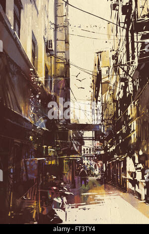 painting of narrow alleyway in old town Stock Photo