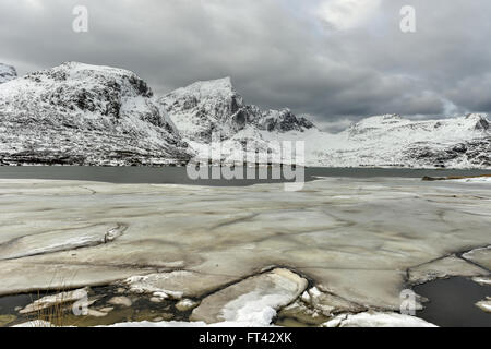 Flakstadoya in the Lofoten Islands, Norway in the winter on a cloudy day. Stock Photo