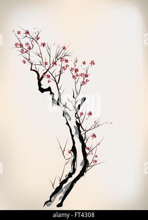 cherry blossom pot ink painting Stock Vector