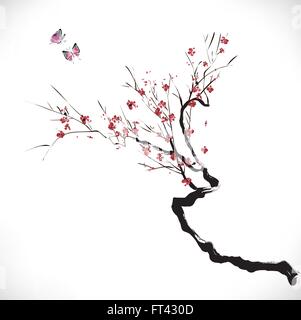 cherry blossom pot ink painting Stock Vector