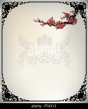 cherry blossom pot ink painting Stock Vector