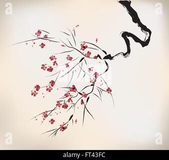 cherry blossom pot ink painting Stock Vector