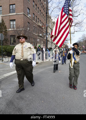 Boy Scout troop at St.Patrick's Day Parade in the Park Slope neighborhood of Brooklyn, New York, 2016. Stock Photo