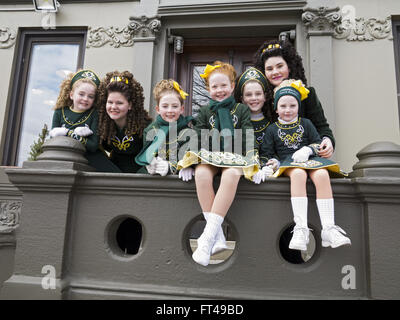 Irish Dance school students at St.Patrick's Day Parade in the Park Slope, Brooklyn, New York, 2016. They are all cousins. Stock Photo