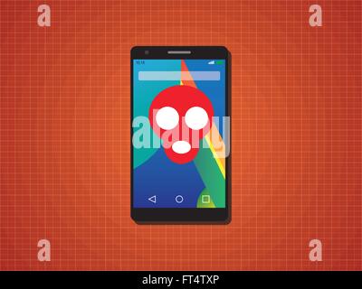 smartphone virus with skull illustration and red background Stock Vector