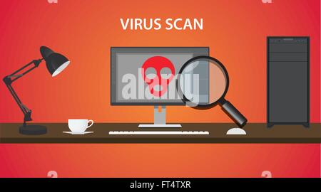 scan computer virus with red skull and pc Stock Vector