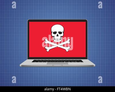 computer hacked with skull symbol and danger alert Stock Vector