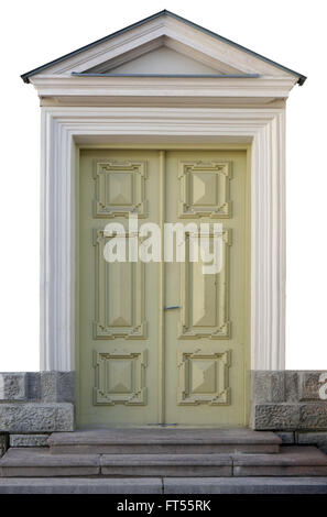 Modern wooden yellowl door with an arch stilized in a retro medieval style. Mass production. Isolated Stock Photo