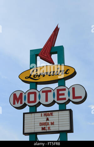 A photograph of a sign for the Lorraine Motel in Memphis, Tennessee. This is the motel where Martin Luther King was assassinated Stock Photo