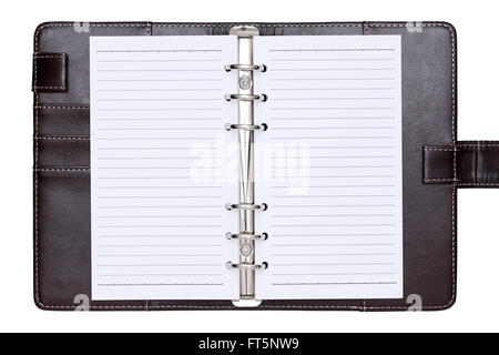 opened brown leather notebook isolated on white background Stock Photo