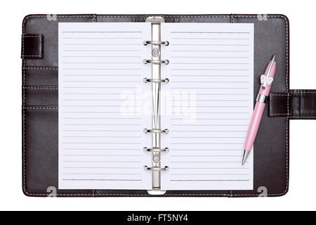 brown leather office organizer and ballpoint pen Stock Photo
