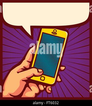 Pop art style hand holding smartphone, comic book panel scene reading message on mobile phone vector illustration Stock Vector