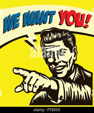 I want you! Vintage businessman with pointing finger picking candidate for job vacancy, we're hiring now sign comic book style v Stock Vector
