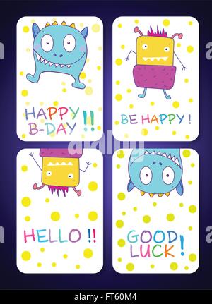 Cute doodle monster greeting and invitation card. Funny colorful cartoon cute monsters. Vector illustration. Stock Vector