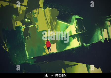 man walking into abstract green city,illustration Stock Photo