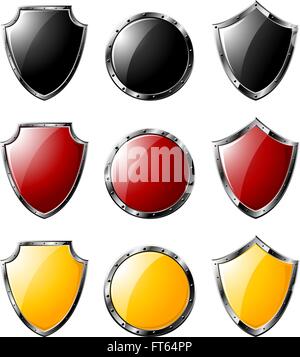 Set of colored steel triangle and round shields isolated on white background. Vector illustration. Stock Vector