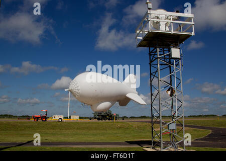 Rio Grande City, TX - The Tethered Aerostat Radar System (TARS) is low-level airborne ground surveillance system that uses aerostats (moored balloons) as radar platforms.  U.S. Customs and Border Protection, Air and Marine Operations use the TARS to provide persistent, long-range detection and monitoring (radar surveillance) capability for interdicting low-level air, maritime and surface smugglers and narcotics traffickers. Photographer: Donna Burton Stock Photo