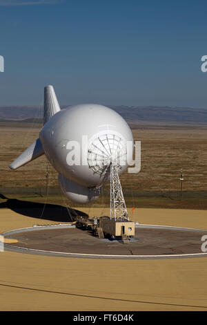 Marfa, TX - The Tethered Aerostat Radar System (TARS) is low-level airborne ground surveillance system that uses aerostats (moored balloons) as radar platforms.  U.S. Customs and Border Protection, Air and Marine Operations use the TARS to provide persistent, long-range detection and monitoring (radar surveillance) capability for interdicting low-level air, maritime and surface smugglers and narcotics traffickers. Photographer: Donna Burton Stock Photo