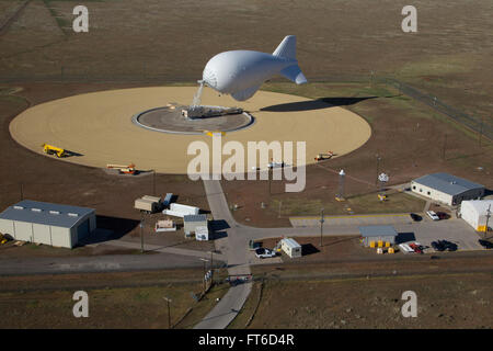 Marfa, TX - The Tethered Aerostat Radar System (TARS) is low-level airborne ground surveillance system that uses aerostats (moored balloons) as radar platforms.  U.S. Customs and Border Protection, Air and Marine Operations use the TARS to provide persistent, long-range detection and monitoring (radar surveillance) capability for interdicting low-level air, maritime and surface smugglers and narcotics traffickers. Photographer: Donna Burton Stock Photo