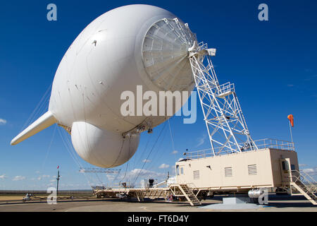 Marfa, TX - The Tethered Aerostat Radar System (TARS) is low-level airborne ground surveillance system that uses aerostats (moored balloons) as radar platforms.  U.S. Customs and Border Protection, Air and Marine Operations use the TARS to provide persistent, long-range detection and monitoring (radar surveillance) capability for interdicting low-level air, maritime and surface smugglers and narcotics traffickers. Photographer: Donna Burton Stock Photo