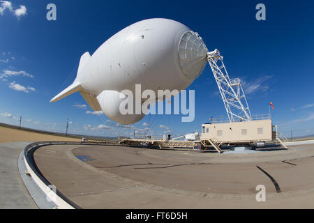 Marfa, TX - The Tethered Aerostat Radar System (TARS) is low-level airborne ground surveillance system that uses aerostats (moored balloons) as radar platforms.  U.S. Customs and Border Protection, Air and Marine Operations use the TARS to provide persistent, long-range detection and monitoring (radar surveillance) capability for interdicting low-level air, maritime and surface smugglers and narcotics traffickers. Photographer: Donna Burton Stock Photo