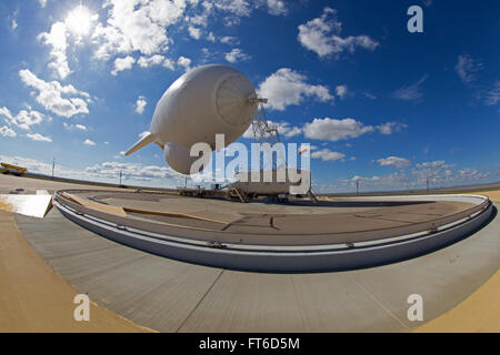 Marfa, TX - The Tethered Aerostat Radar System (TARS) is low-level airborne ground surveillance system that uses aerostats (moored balloons) as radar platforms.  U.S. Customs and Border Protection, Air and Marine Operations use the TARS to provide persistent, long-range detection and monitoring (radar surveillance) capability for interdicting low-level air, maritime and surface smugglers and narcotics traffickers. Photographer: Donna Burton Stock Photo