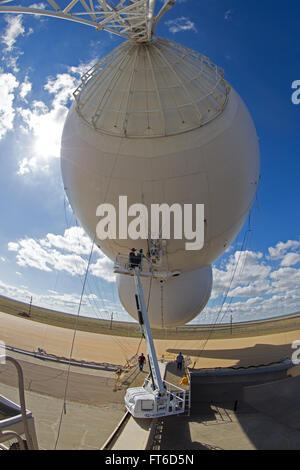 Marfa, TX - The Tethered Aerostat Radar System (TARS) is low-level airborne ground surveillance system that uses aerostats (moored balloons) as radar platforms.  U.S. Customs and Border Protection, Air and Marine Operations use the TARS to provide persistent, long-range detection and monitoring (radar surveillance) capability for interdicting low-level air, maritime and surface smugglers and narcotics traffickers. Photographer: Donna Burton Stock Photo