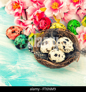 Easter decoration with eggs and flowers in nest. Vintage style toned picture Stock Photo