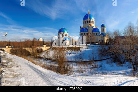 Sunny morning in early spring time. Panoramic of  Church of the Holy Trinity in Moscow area, Russia. Stock Photo